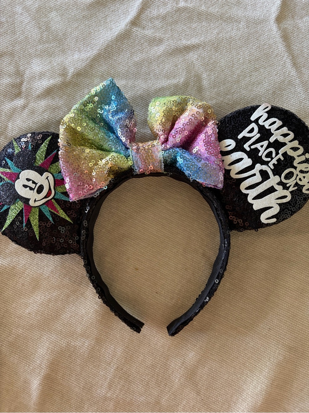 Disneyland Ferris Wheel Sequin Rainbow Bow Ear Headband - Black Ears
